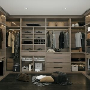 Walk-in wardrobe system with open shelving