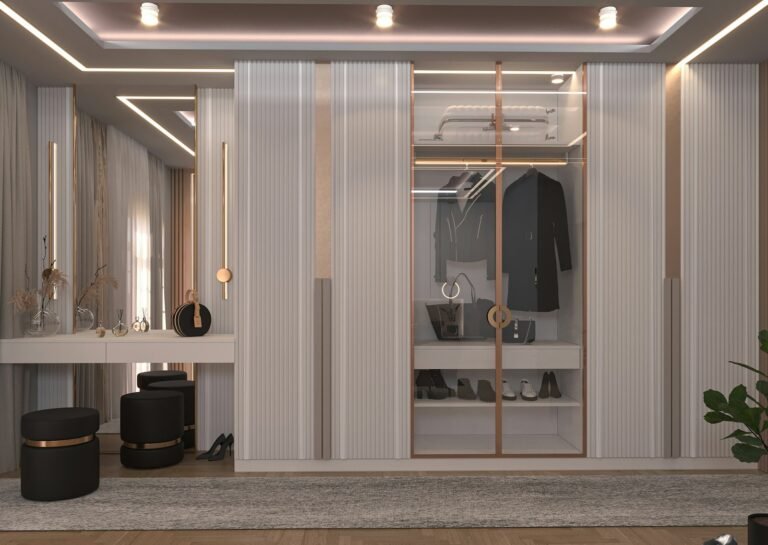 Grey sliding wardrobe with lighting