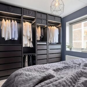 Dark open wardrobe system in bedroom